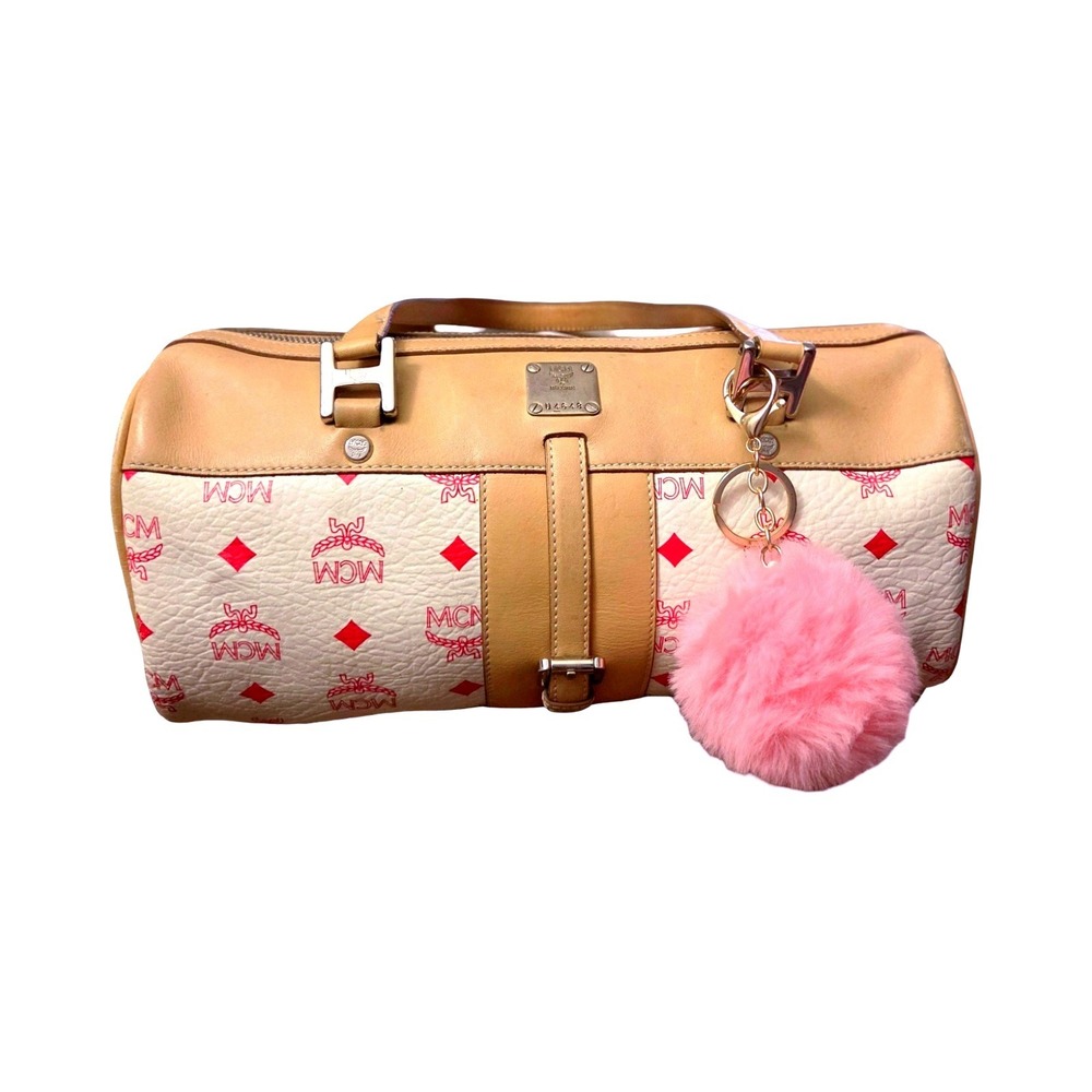 MCM Visetos Barrel Bag White Pink Monogram Tan Leather Trim w/ Pom Pom Charm